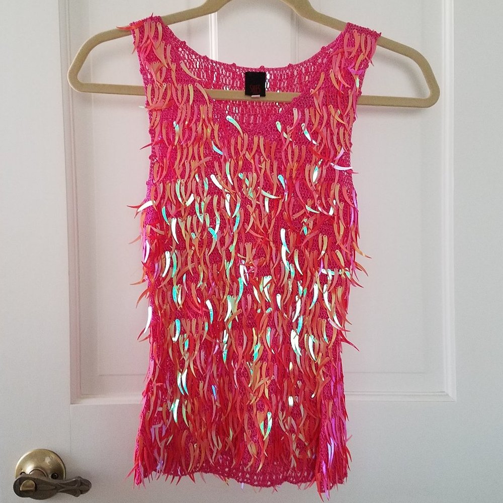 Pink Iridescent Crochet Knit Spangled Tank Top